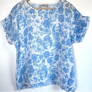 Bellambra Top Womens Small Blue White Floral Linen Made in Italy Blouse Coastal